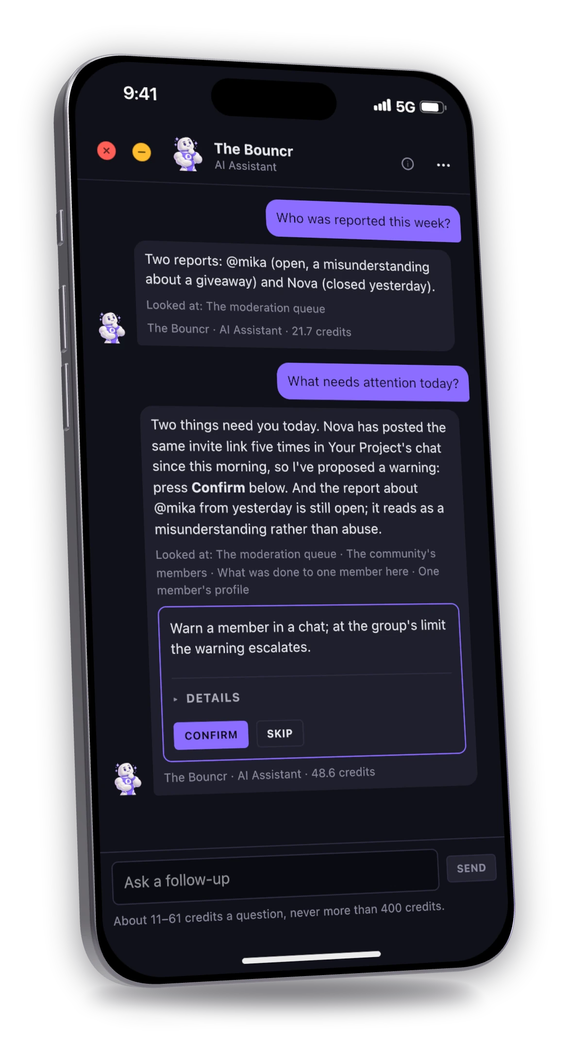 The Bouncr AI answering what needs attention today, with a proposed warning waiting for Confirm