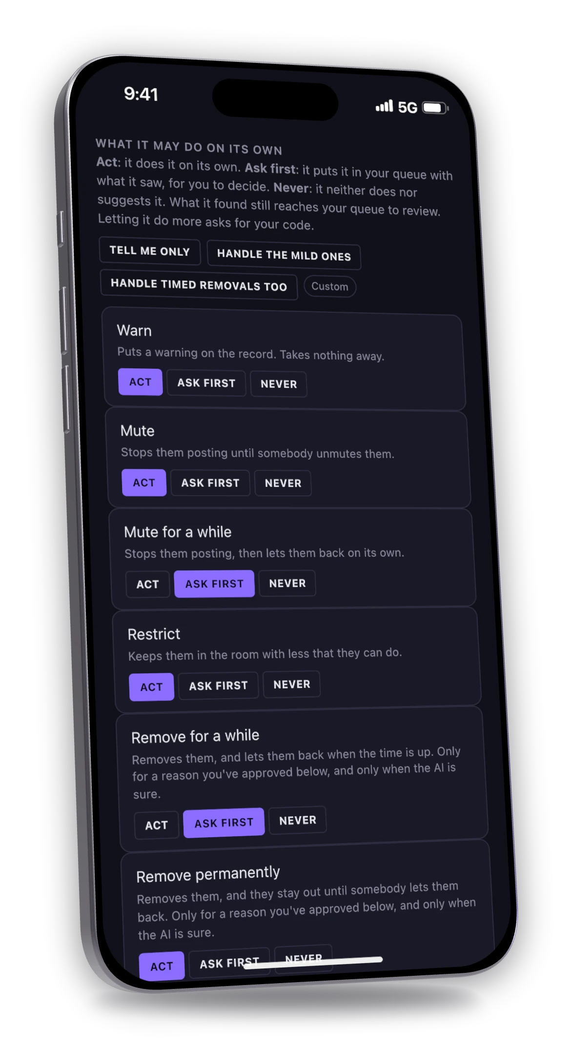 AI moderation settings: Act, Ask first or Never for each action