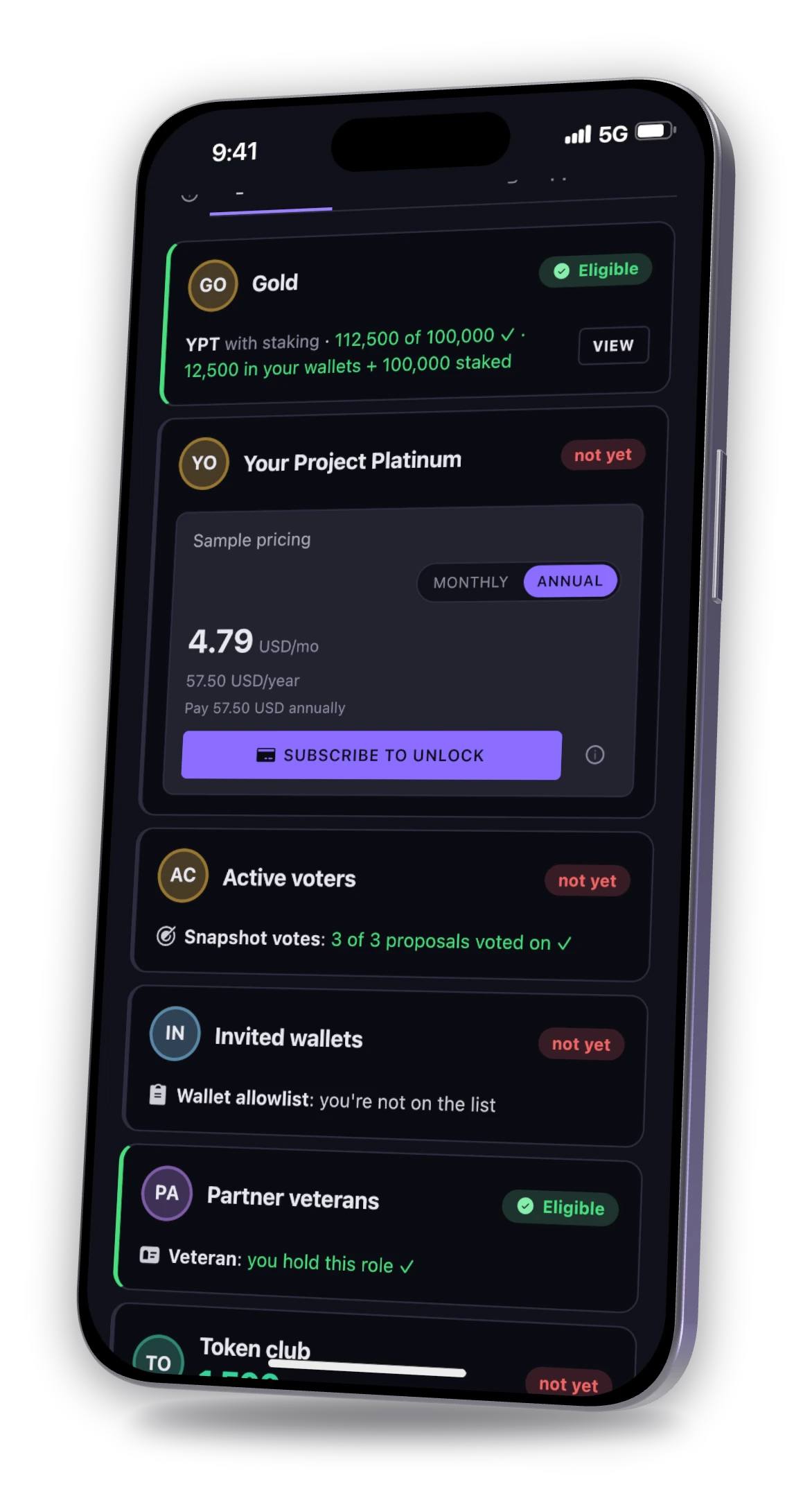 Further down the Hub: a paid Premium club with Subscribe to unlock, and clubs for voters, an allowlist and a role