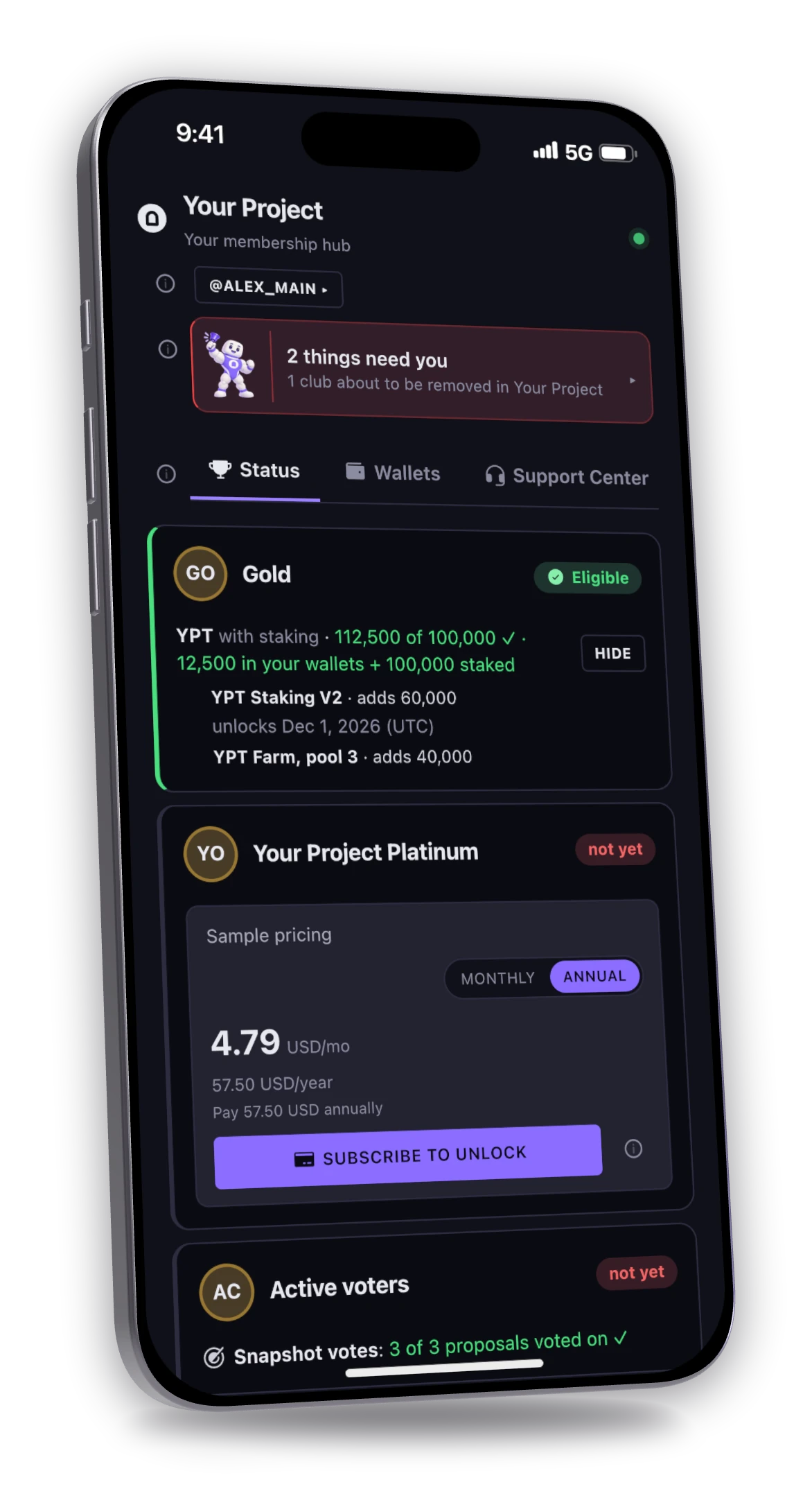 A member's Hub for Your Project: the Gold club marked Eligible, counting tokens in the wallet plus two staking contracts
