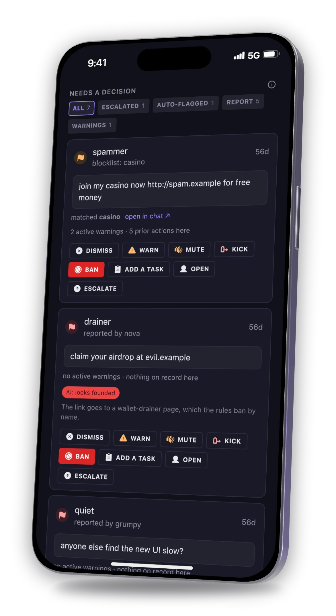 The moderation queue: a blocklist match and a report the AI read as founded, each with Dismiss, Warn, Mute, Kick and Ban