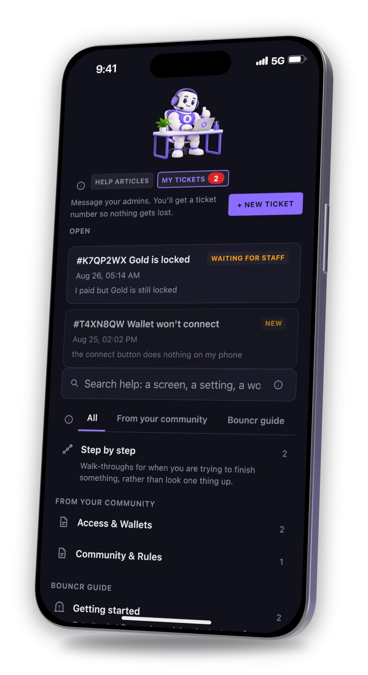 A member's Support Center: two open tickets with their status, and help articles