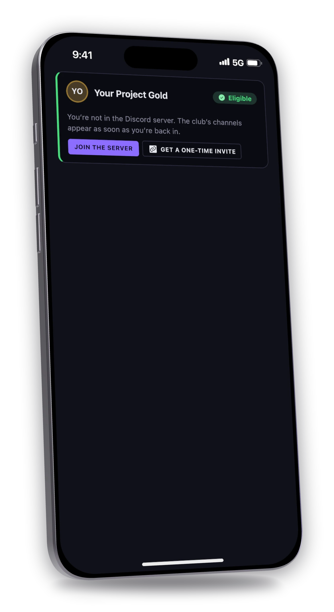 The Hub: an eligible club for a member who isn't in the Discord server yet, with Join the server and Get a one-time invite